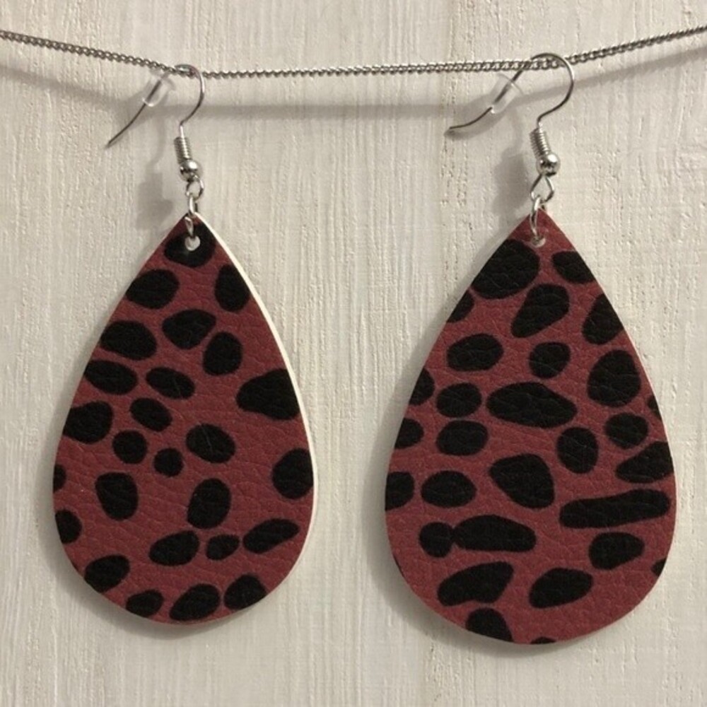 Taupe Animal Print PU Leather Teardrop Earrings